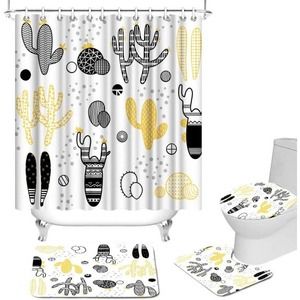 4 Pcs Cactus Bathroom Sets Black & Yellow Shower Curtain, Mat, Toilet Cover, Mat